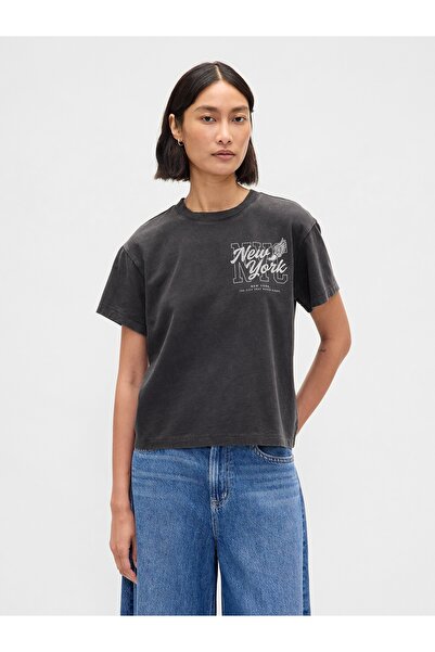 GAP Kadın Koyu Gri Relaxed NYC Grafik T-Shirt