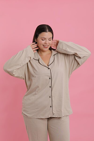 Akbeniz Women's Plus Size Beige Buttoned Pajama Set
