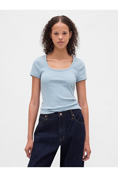 GAP Kadın Açık Mavi Modern Fitilli Scoop Crop T-Shirt