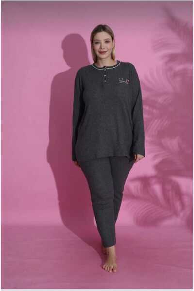 Eyfuze Women's Winter Plus Size Collar Buttoned Long Sleeve Interlock Pajamas Set