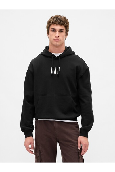 GAP Erkek Siyah Heavyweight Oversized Logo Kapüşonlu Sweatshirt
