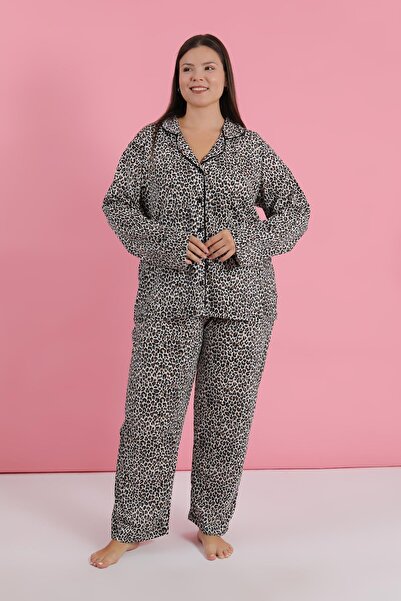 Akbeniz Women's Plus Size Leopard Print Button down Pajama Set