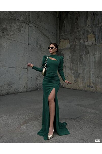 Modafeminen Esnek Simli Kumaş Yarım Balıkçı Yaka Ön Dekolte Büzgü Detyalı Abi...