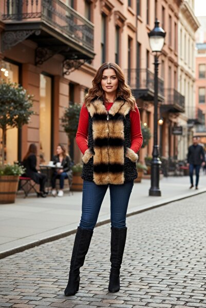 ihaoo WOMEN'S FAUX FUR VEST BEIGE WITH BLACK