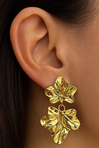 Vitastyle Gold Color Hanging Flower Leaf Figured 316L Steel Earrings 5 cm