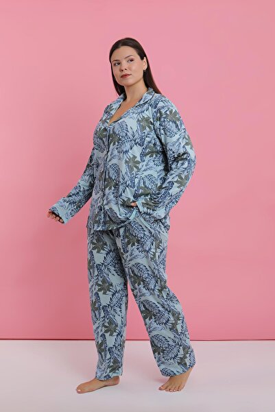 Akbeniz Women's Plus Size Blue Tropical Print Button down Pajama Set