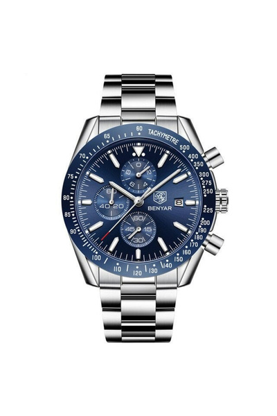 Benyar Ceas bărbătesc cronograf cuarț lux analogic oțel argintiu