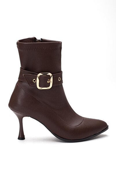 Dilimler Ayakkabı Brown Women's Heeled Boots Stretch Faux Leather Thin Heels