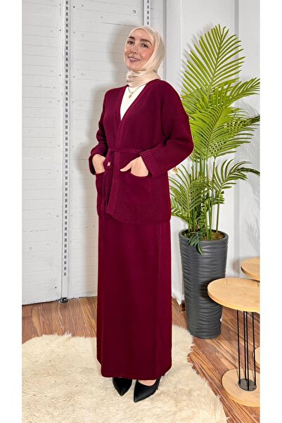 MY QILAM Women's Burgundy Double Pocket Detailed V-Neck Cardigan with Skirt Hijab Bottom-Top Knitwear Set