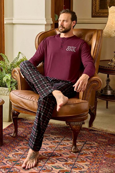 Aydoğan Men's Single Jersey Long Sleeve 100% Cotton Burgundy Color Pajamas Set 240787