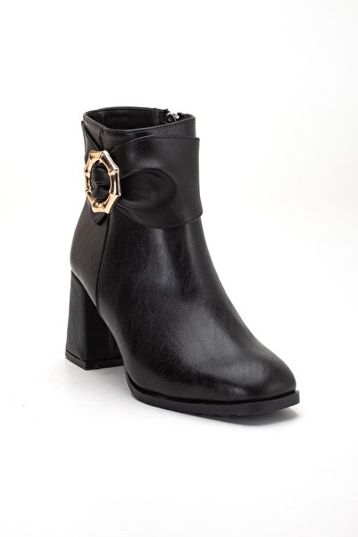 Dilimler Ayakkabı Black Women's Thick Heeled Boots with Side Bow Accessories and Blunt Toe
