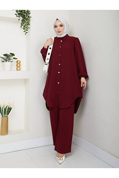 Esre Store 4543 - Plise Detaylı Tesettür İkili Takım Bordo