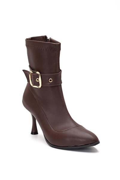 Dilimler Ayakkabı Brown Women's Heeled Boots Stretch Faux Leather Thin Heels
