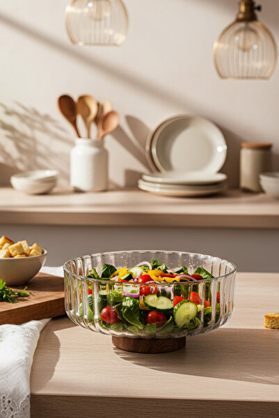 Amandus Luvia - Akasya Standlı Cam Kase Cam Sunum Meyve Tabağı Salata Kasesi