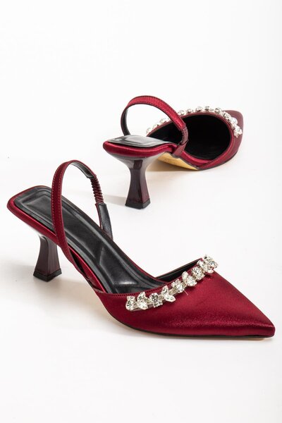 Dilimler Ayakkabı Satin Stone Symmetrical Cut Burgundy Beige Heeled Women's Evening Dress Shoes