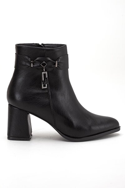 Dilimler Ayakkabı Black Women's Thick Heeled Boots with Earring Stones Faux Leather
