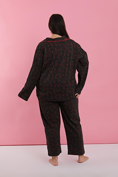 Akbeniz Women's Plus Size Black Red Floral Buttoned Pajama Set