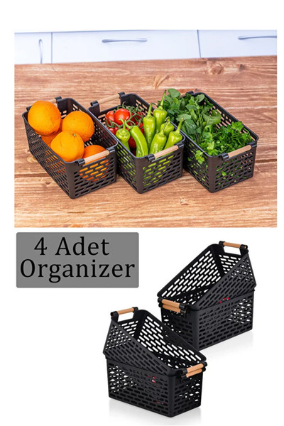 ego home 4 Adet - Çok Amaçlı Plastik Tutacaklı Organizer Sepet Dolap Içi Çekmece Düzenleyici Siyah