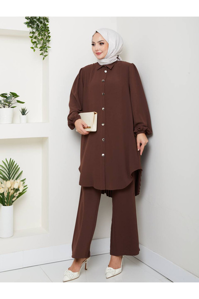 Esre Store 4543 - Plise Detaylı Tesettür İkili Takım Kahverengi