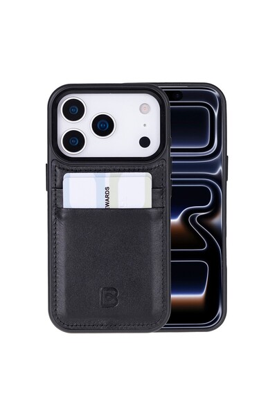 Bouletta , Apple iPhone 17 Pro için, Hakiki Deri, El Yapımı Kartlıklı Kılıf, İç Yüzeyi Kadife, Kömür