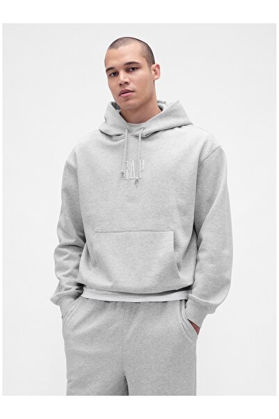 GAP Erkek Gri Heavyweight Oversized Logo Kapüşonlu Sweatshirt