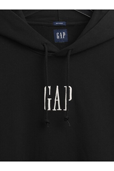 GAP Erkek Siyah Heavyweight Oversized Logo Kapüşonlu Sweatshirt