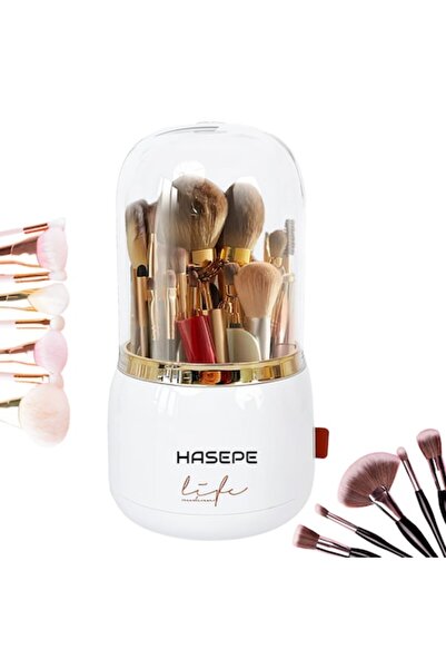 HASEPE Rotating Makeup Brush Organizer HASEPE, 7 Compartments, Transparent Lid, White/Gold Details