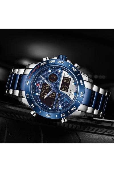 Naviforce Ceas de mână bărbătesc cuarț cu LED digital din oțel inoxidabil, curea din oțel inoxidabil, oră duală