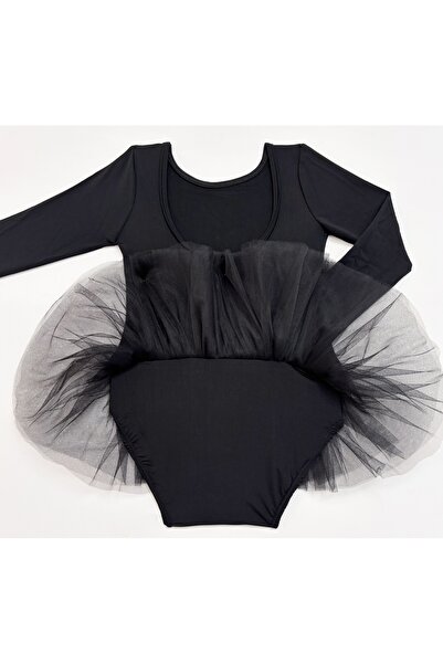 LULLY KİDS Kız Çocuk Siyah Uzun Kol Tütü Etekli Bale ve Cimnastik Mayosu