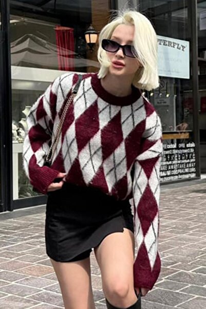 ELBA STİL Burgundy Crew Neck Embroidered Diamond Pattern Sweater