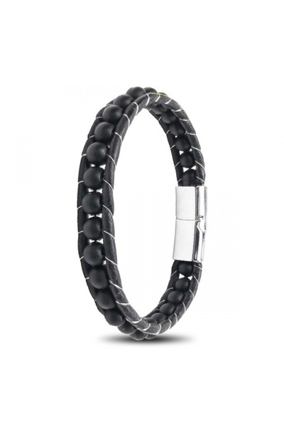 FM 6mm Matte Onyx Stone Leather Cord and Steel Bracelet