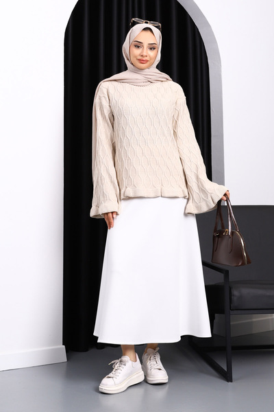 İmajButik Stone Waist and Cuff Ruffled Knit Sweater