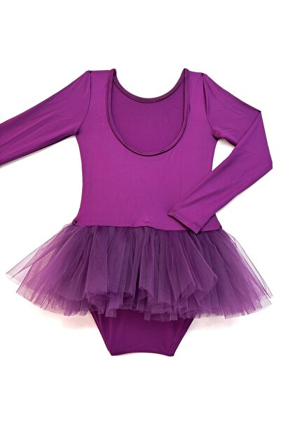 LULLY KİDS Kız Çocuk Bordo Mürdüm Uzun Kol Tütü Etekli Bale ve Cimnastik Mayosu