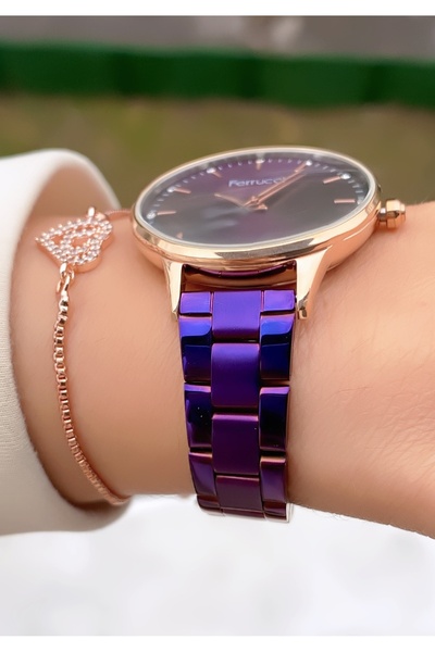 Ferrucci Kadın Kol Saati – Mor Kadran, Rose Gold Çelik Kordon, Taşlı Minimal Tasarım, Bileklik Hediyeli