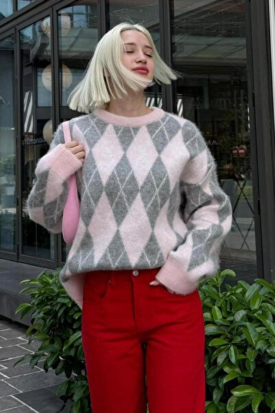 ELBA STİL Pink Crew Neck Embroidered Diamond Pattern Sweater