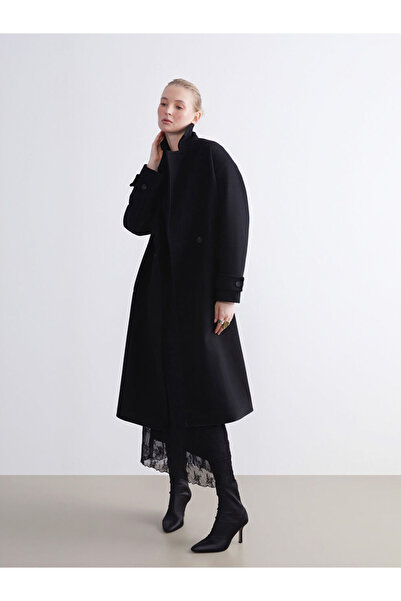 LC Waikiki Black Jacket Collar Women's Cashmere Coat