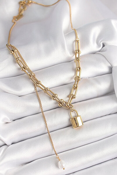 doremodam 316L Steel Gold Color Tiffany Chain Model Lock Figure Dangle Pearl Detail Women's Necklace