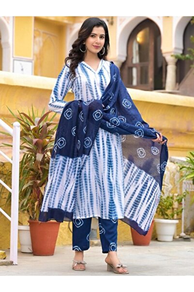 MYSMAR Blue Rayon Printed Salwaar Kameez Dupatta - ALV1334 | Blue
