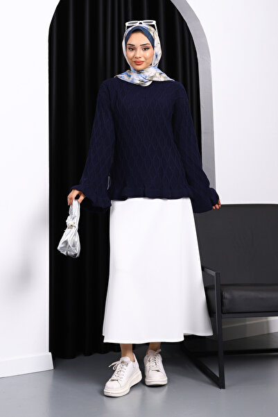 İmajButik Navy Blue Waist and Sleeve Cuff Ruffled Knit Sweater