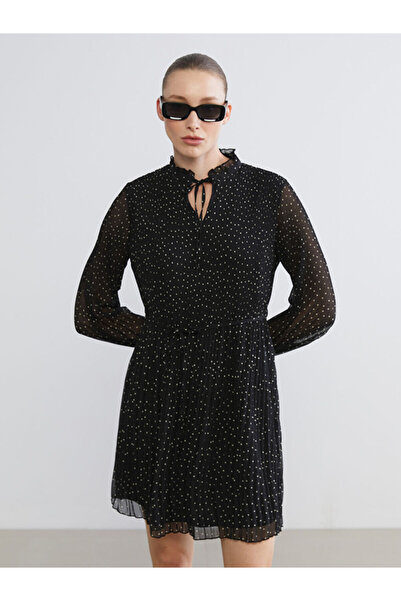 LC Waikiki Black Tie Neck Polka Dot Chiffon Pleated Dress