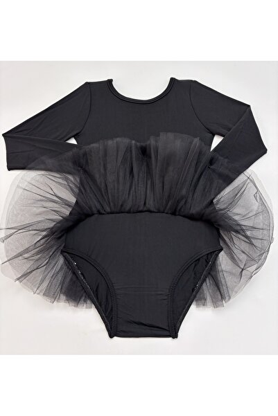 LULLY KİDS Kız Çocuk Siyah Uzun Kol Tütü Etekli Bale ve Cimnastik Mayosu