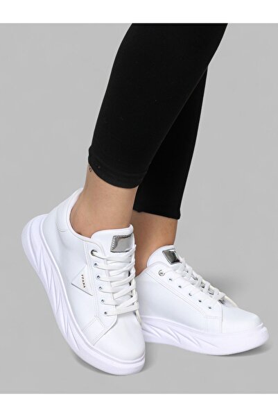 AĞCA Γυναικεία αθλητικά παπούτσια με ψηλή σόλα σε λευκό χρώμα με κορδόνια άνε...