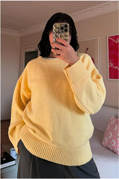 DTBUTİK Kadın SARI Oversize Triko Kazak - Yumuşak Dokulu Bisiklet Yaka