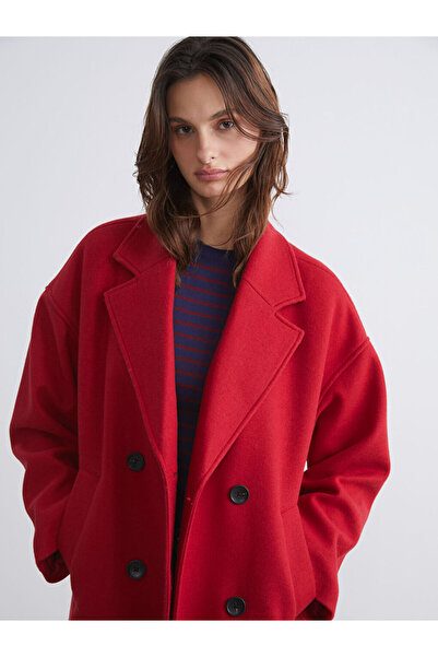 LC Waikiki Red Double-Breasted Collar Women's Cashmere Coat