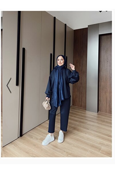 İMONER طقم شتوي من قطعتين بأكمام بالونية وتفاصيل دقيقة باللون الأزرق الداكن