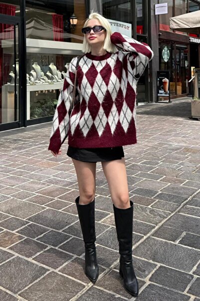 ELBA STİL Burgundy Crew Neck Embroidered Diamond Pattern Sweater