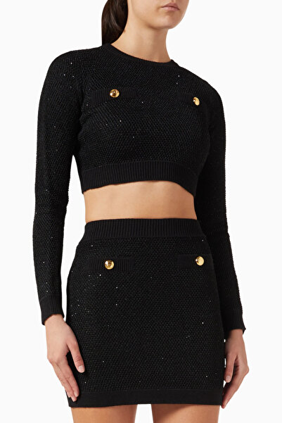 Elisabetta Franchi Sequined Embroidered, Jewel Buttoned Short Knit Sweater