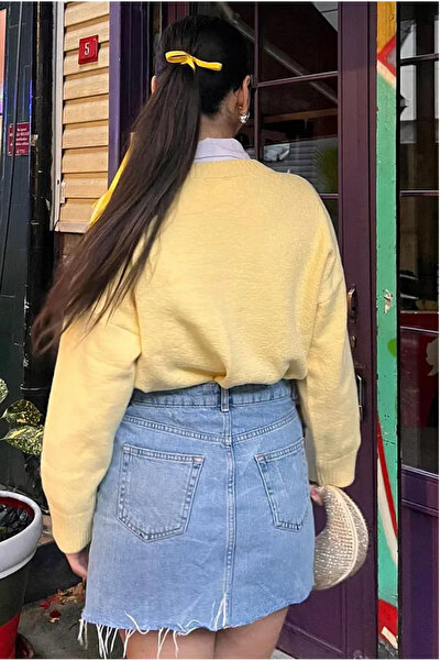 DTBUTİK Kadın SARI Oversize Triko Kazak - Yumuşak Dokulu Bisiklet Yaka