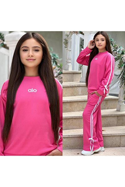 MUMİKİDS Girl's Ribbed Fabric Double Stripe Ribbon Tracksuit Set