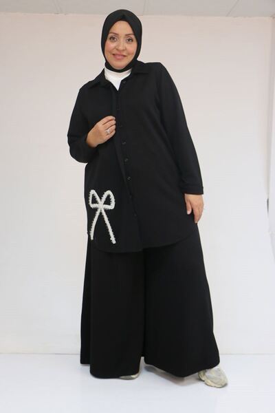 Eslina 57055 Plus Size Shirt Buttoned Pants Modal Suit - Black